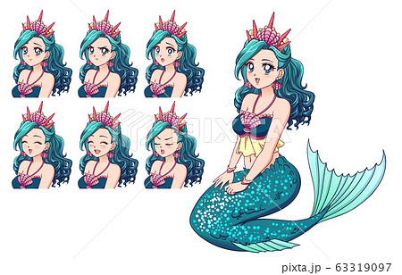 Illustration Of Anime Mermaid And Her Expressionsのイラスト素材