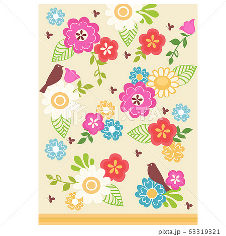 Cute print on the theme of summer or spring with images of birds and flowers. Vector cartoon close-up illustration. 63319321
