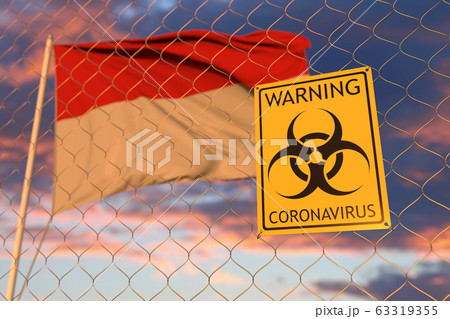 Coronavirus warning sign on the fence against waving flag of Hesse, a state of Germany. Quarantine related 3D rendering 63319355