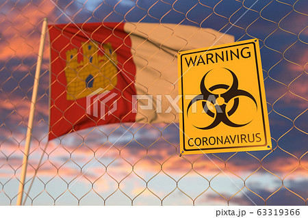 Biohazard coronavirus sign against flying flag of Castilla-La Mancha, an autonomous community in Spain. Quarantine related 3D rendering 63319366