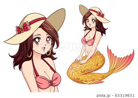 Pretty mermaid with brown hair and shiny yellow 63319631