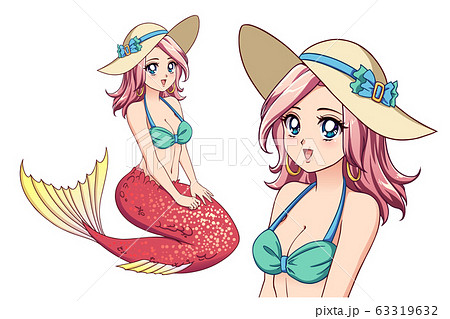 Pretty mermaid with pink hair and shiny coral fish 63319632