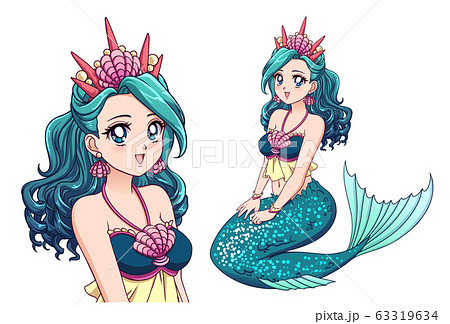 Pretty Mermaid With Curly Cyan Hair And Shiny Cyanのイラスト素材