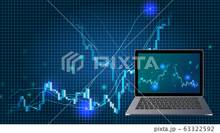 高騰急落する株価チャートとノートパソコン青色背景イメージのイラスト素材