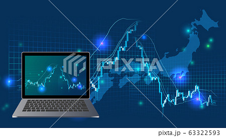 日本の高騰急落する株価チャートとノートパソコン青色背景イメージのイラスト素材