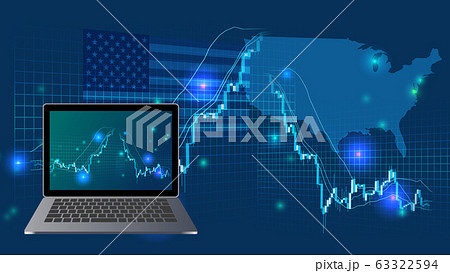 アメリカの高騰急落する株価チャートとノートパソコン青色背景イメージのイラスト素材
