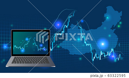 中国の高騰急落する株価チャートとノートパソコン青色背景イメージのイラスト素材