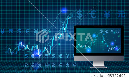 急落する株価チャートとパソコン青色デジタル背景イメージのイラスト素材