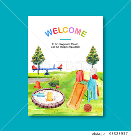 Playground poster design with sandpit, slide, 63323937