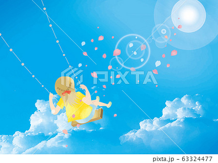 青空 空 快晴 青空 ブランコ 子供 幼児 かわいい 水彩 フレーム 枠 入道雲 雲 空 光 光彩のイラスト素材
