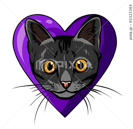 Black Cartoon Cat Biting A Huge Heart のイラスト素材