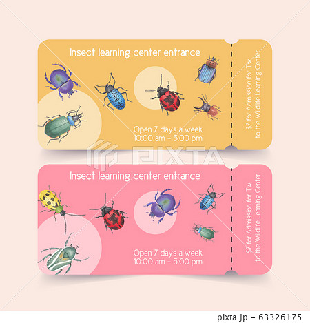 Insect and bird ticket design with ladybug, beetle 63326175