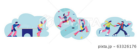Set of People Sport Activity, Characters Climbing Wall, Playing Ping Pong and Skating on Ice Rink 63326176