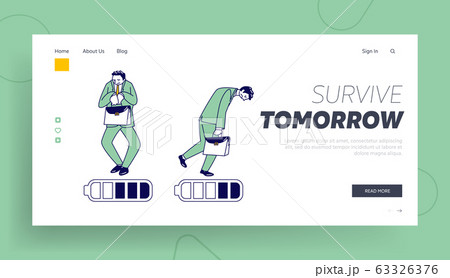 Haggard Businessman Character with Low Battery Charging Level Landing Page Template. Tired People Working Haggard Businessman Character with Low Battery Charging Level Landing Page Template. Tired People Working 63326376