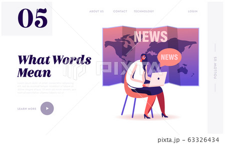 Fake News Landing Page Template. Female Character with Laptop Sit on World Map Background Reading Social Media Fake News Landing Page Template. Female Character with Laptop Sit on World Map Background Reading Social Media 63326434