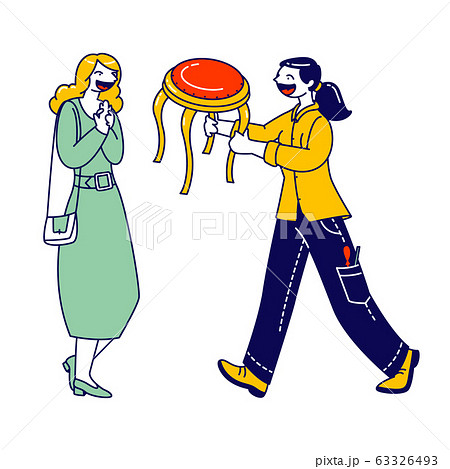 Happy Woman Designer Character Giving Renovated Stool to Grateful Customer. Restoration and Modernization Works 63326493