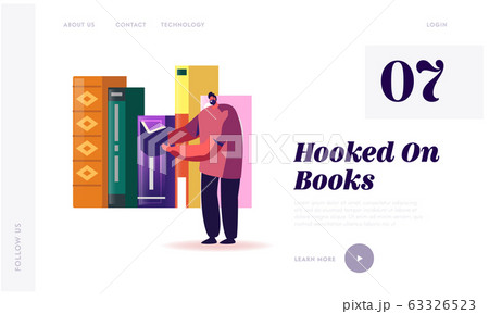 Education, Gaining Knowledge Landing Page Template. Tiny Man Student Character Stand on Bookshelf with Huge Books 63326523