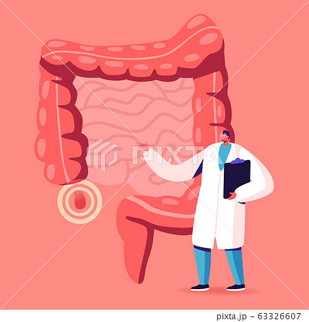 Doctor or Medical Teacher Character Stand at Human Intestines with Sore Appendix Infographics Doctor or Medical Teacher Character Stand at Human Intestines with Sore Appendix Infographics 63326607