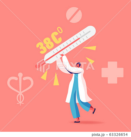 Female Doctor Character Carry Huge Thermometer with High Temperature Scale. Flu, Appendicitis Disease 63326654