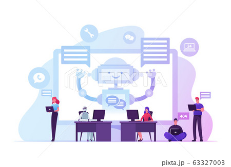 Robot Work on Laptop Help Customers. Ai Chatbot Faq Support, Online Consultation. Innovation, Artificial Intelligence Technology. People Characters Use Chat Bot Service. Cartoon Vector Illustration Robot Work on Laptop Help Customers. Ai Chatbot Faq Support, Online Consultation. Innovation, Artificial Intelligence Technology. People Characters Use Chat Bot Service. Cartoon Vector Illustration 63327003