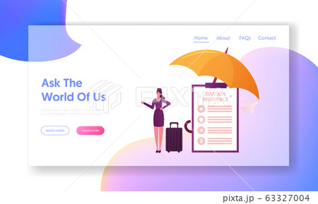 Aviation Insurance Landing Page Template. Stewardess Character with Baggage at Huge Paper Policy under Umbrella and Flying Airplane Air Travel Financial Guarantee Contract. Cartoon Vector Illustration 63327004