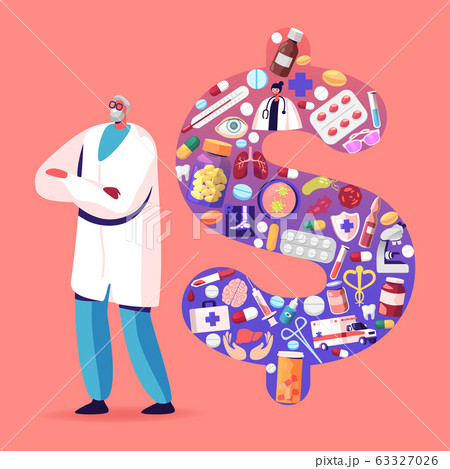 Senior Doctor Character Wearing White Robe Stand with Crossed Arms near Huge Dollar Sign Made of Medical Stuff, Drugs and Items. Medicine Price and Service Cost Concept. Cartoon Vector Illustration Senior Doctor Character Wearing White Robe Stand with Crossed Arms near Huge Dollar Sign Made of Medical Stuff, Drugs and Items. Medicine Price and Service Cost Concept. Cartoon Vector Illustration 63327026