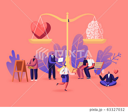 Choice between Mind and Feelings Concept. Heart and Brain Lying on Scales. Male and Female Characters Search Balance in Love, Intelligence and Logic. People Live with Soul. Cartoon Vector Illustration 63327032