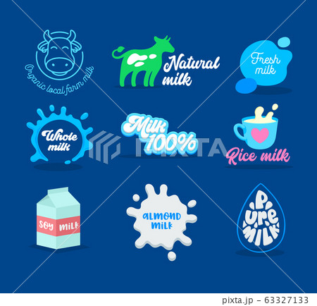 Collection of Dairy and Milk Product Icons with Typography. Fresh Natural Food Emblem Design, Splashes, Cow. Soy Milk Cardboard Package, Cup with Drink Isolated on Blue Background. Vector Illustration Collection of Dairy and Milk Product Icons with Typography. Fresh Natural Food Emblem Design, Splashes, Cow. Soy Milk Cardboard Package, Cup with Drink Isolated on Blue Background. Vector Illustration 63327133