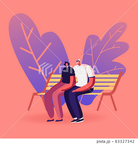 Young Loving Couple Sitting on Bench in City Park. Love, Outdoors Summer Spare Time, Leisure. Man and Woman Characters Choose Romantic Loving Relations and Feelings. Cartoon People Vector Illustration Young Loving Couple Sitting on Bench in City Park. Love, Outdoors Summer Spare Time, Leisure. Man and Woman Characters Choose Romantic Loving Relations and Feelings. Cartoon People Vector Illustration 63327342