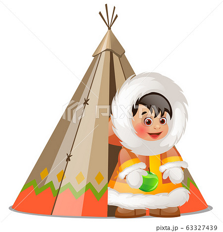 Baby inuit holding a green apple and summer tent made of skins of seal isolated on white background. Vector cartoon close-up illustration. 63327439