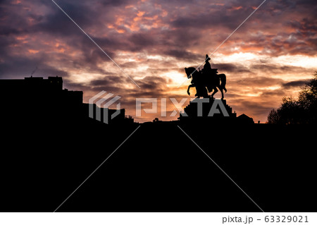 Colorful Sunrise burning sky Koblenz City historic monument German Corner where river rhine and mosele flow together 63329021