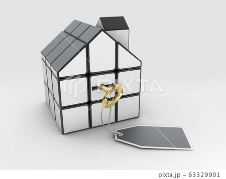 3d rendering of cube in the form of a house with key, Ideas for real estate, clipping path included. 63329901