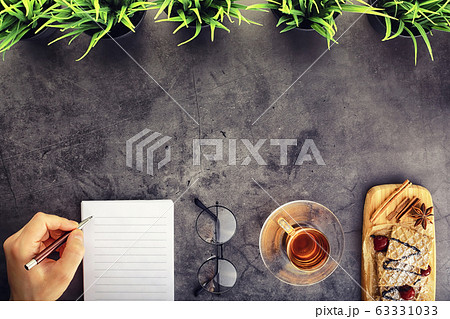 Sweet dessert with waffles and berries for tea at work. 63331033