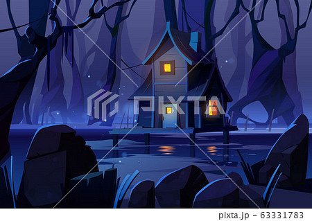 Wooden mystic stilt house on swamp in night forest 63331783