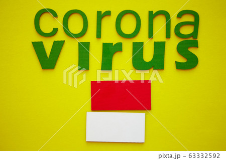 Flag of Monaco And Word CORONAVIRUS made of green cardboard letters, isolated on yellow background. World Health Organization WHO introduced new official name for Coronavirus disease named COVID-19 63332592