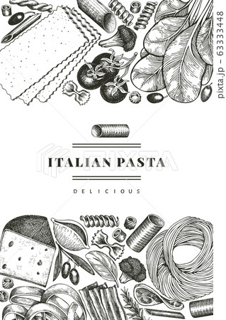 Italian pasta with additions design template. Hand 63333448