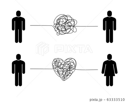 Complicated relationship. Love couple problem, tangled messy scribble connection line, unhappy people hard communication, vector concept 63333510