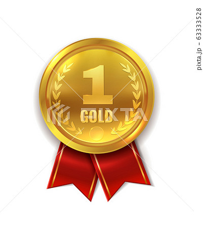 First place. Golden award medal or orden symbol with red ribbon for champion and winner isolated vector illustration 63333528