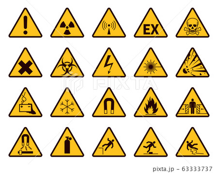 Warning signs. Yellow triangle alerts symbols, attention chemical, flammable and radiation danger, accident exclamation caution vector icons 63333737
