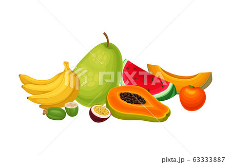 Exotic Fruits Composition with Watermelon Slice and Papaya Vector Illustration Exotic Fruits Composition with Watermelon Slice and Papaya Vector Illustration 63333887