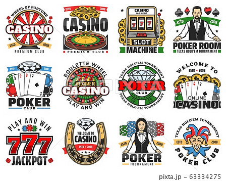 Casino icons of roulette, poker cards, chips, dice 63334275