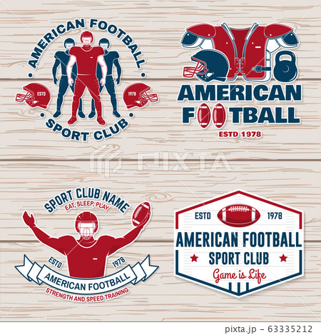 Set of american football or rugby club badge. Vector for shirt, logo, print, stamp, patch. Vintage design with american football sportsman player, helmet, ball, grass and shoulder pads silhouette 63335212