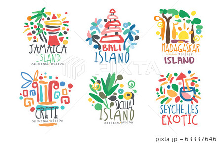 Tropical Exotic Islands Logo Design, Jamaika, Bali, Madagascar, Crete, Sicilia, Seychelles Vector Illustration Tropical Exotic Islands Logo Design, Jamaika, Bali, Madagascar, Crete, Sicilia, Seychelles Vector Illustration 63337646