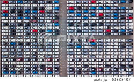 Aerial view new cars parking for sale stock lot 63338407