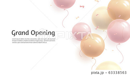 Background with pastel delicate soft air balloons of round shape and confetti, flying in random on white backdrop to the right side of the composition and text grand opening of woman or girl bussiness 63338563