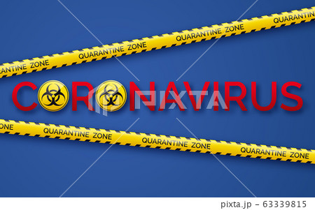 Danger tape quarantine zone, biohazard signs and coronavirus. Warning tape fencing. Pandemic covid-19 yellow tape with quarantine inscription on blue background Danger tape quarantine zone, biohazard signs and coronavirus. Warning tape fencing. Pandemic covid-19 yellow tape with quarantine inscription on blue background 63339815