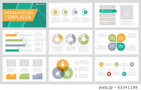 Set of orange, red, green, turquoise and grey elements for multipurpose presentation template slides with graphs and charts. 63341199