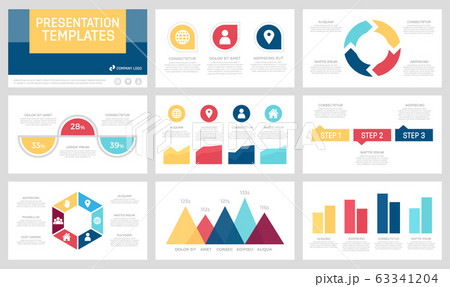 Set of yellow, red and blue elements for multipurpose presentation template slides with graphs and charts. 63341204