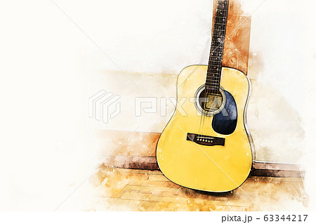 Acoustic guitar in the foreground on watercolor painting background and digital illustration brush to art. 63344217