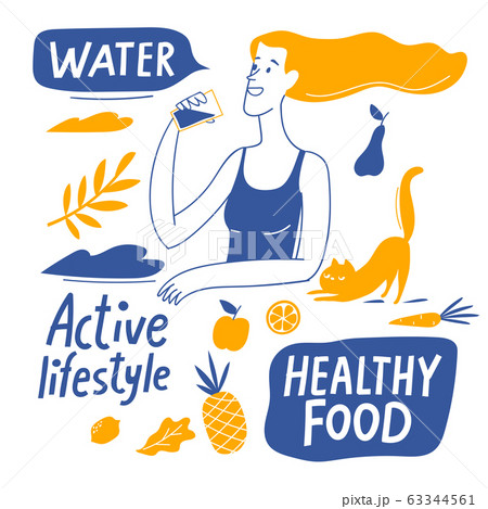Healthy lifestyle motivational vector design with healthy food elements and woman. Healthy lifestyle motivational vector design with healthy food elements and woman. 63344561